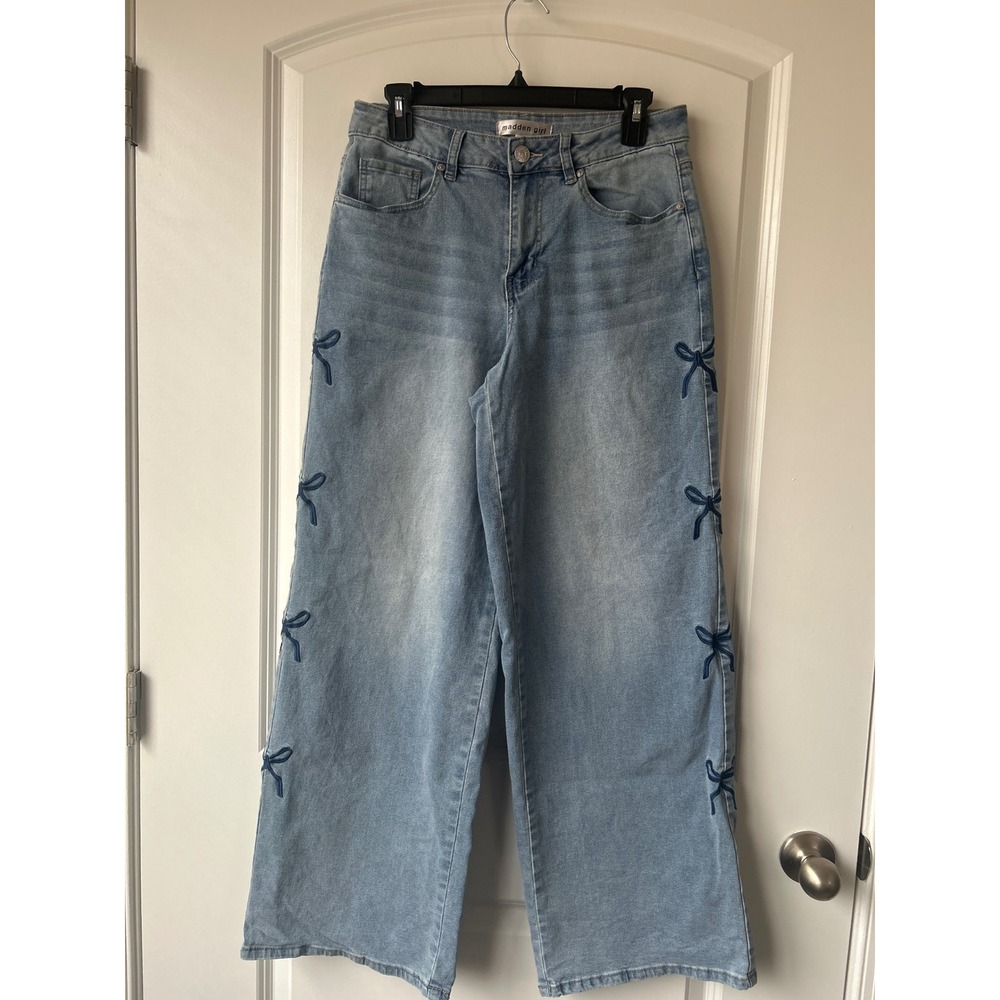 Madden Girl Wide Leg Bow Embroidered Jeans Light Wash Blue Juniors Size 9